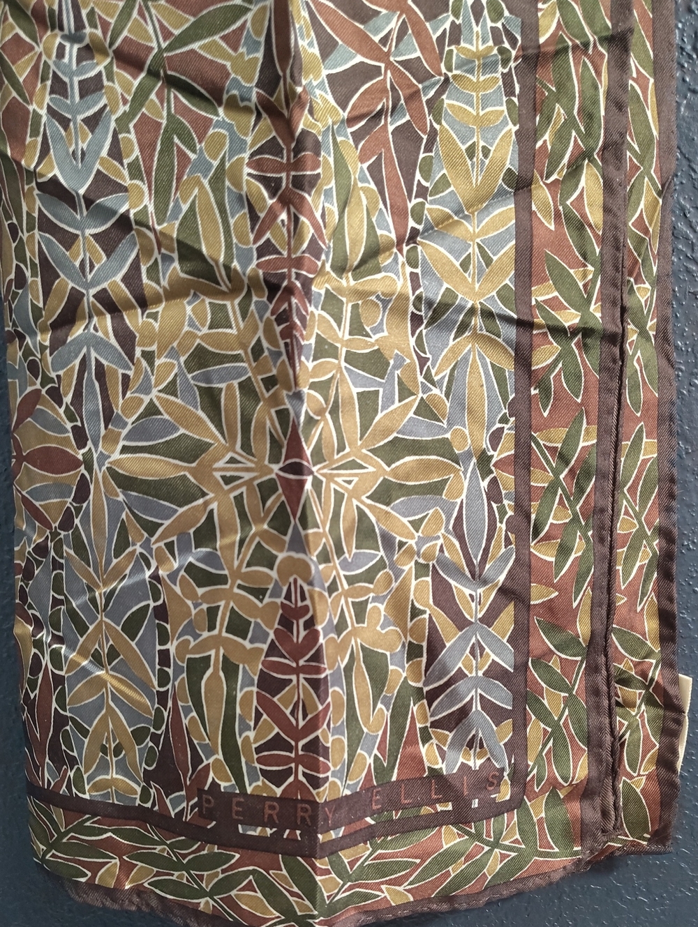 Vintage Perry Ellis 100 Silk Oblong Scarf Earthy Geometric Leaf Print 15x58